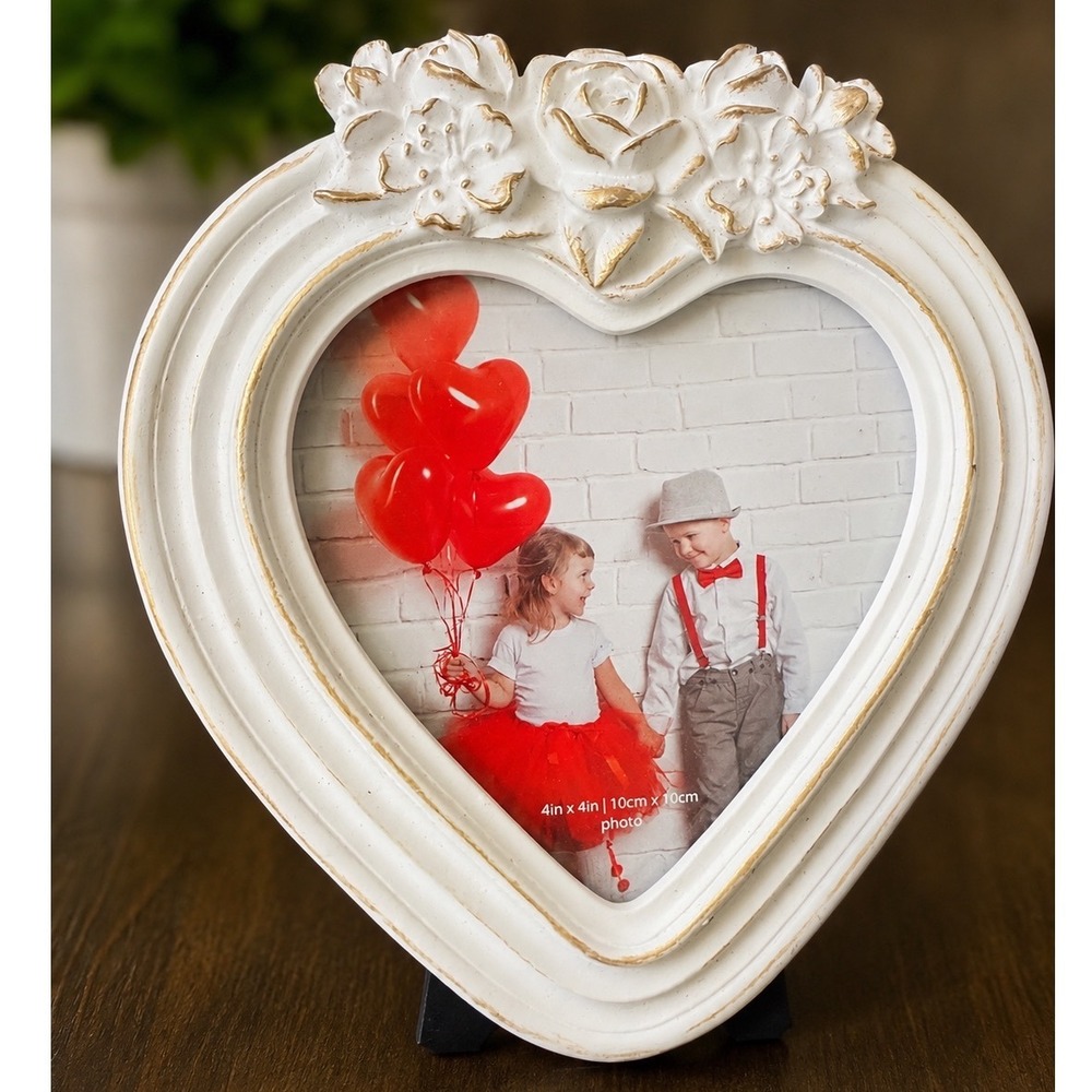 Isaac Jacobs Picture Frame Unisex 4x4 White Heart‎ Floral Shabby Chic Decor Rose